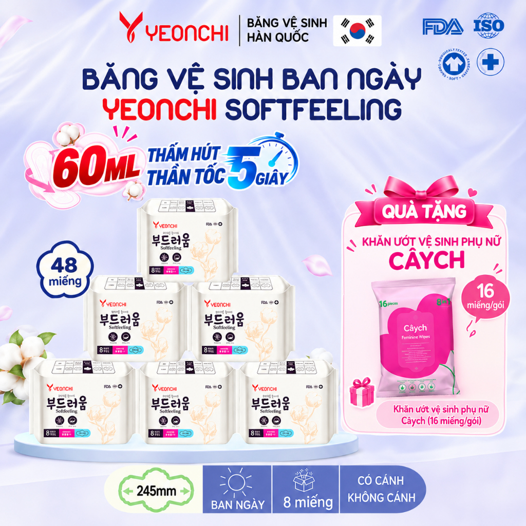 Combo 6 gói băng vệ sinh siêu mỏng không mùi có cánh Yeonchi Softfeeling ban ngày 24,5cm siêu thấm hút dành cho phụ nữ
