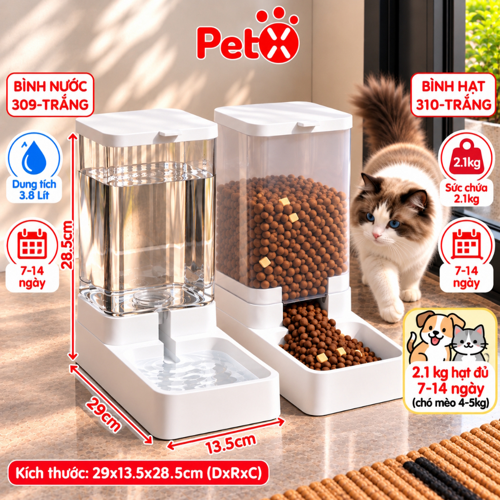 Bình nước cho chó mèo bình đựng thức ăn hạt khô tự động cho thú cưng cỡ lớn 3.8L dùng 6-13 ngày