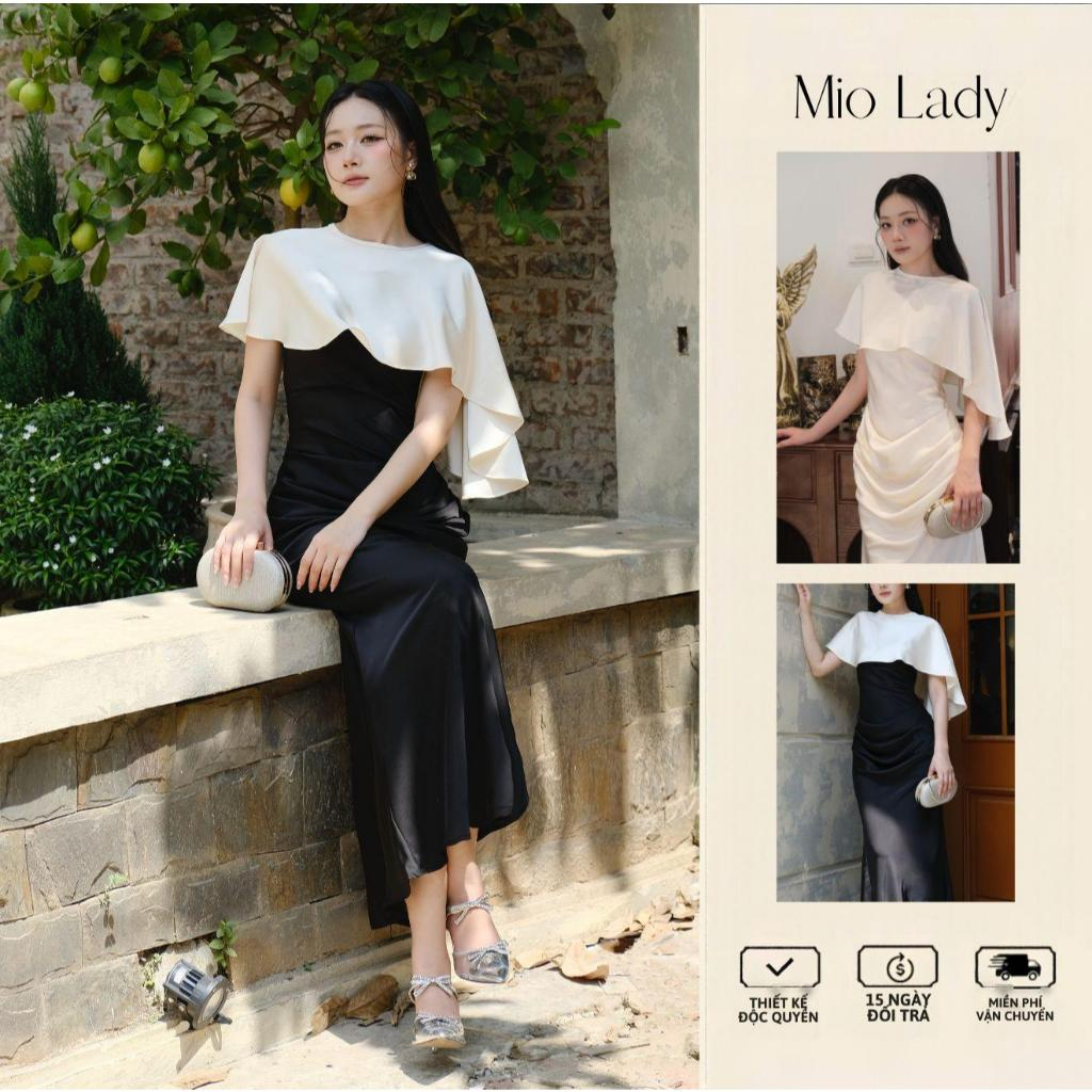 Váy Lụa Nữ Mio Lady Dáng Đuôi Cá Xếp Nhún Kèm Áo Choàng Lụa Dày Dặn Ít Nhăn Màu Be Đen VA037