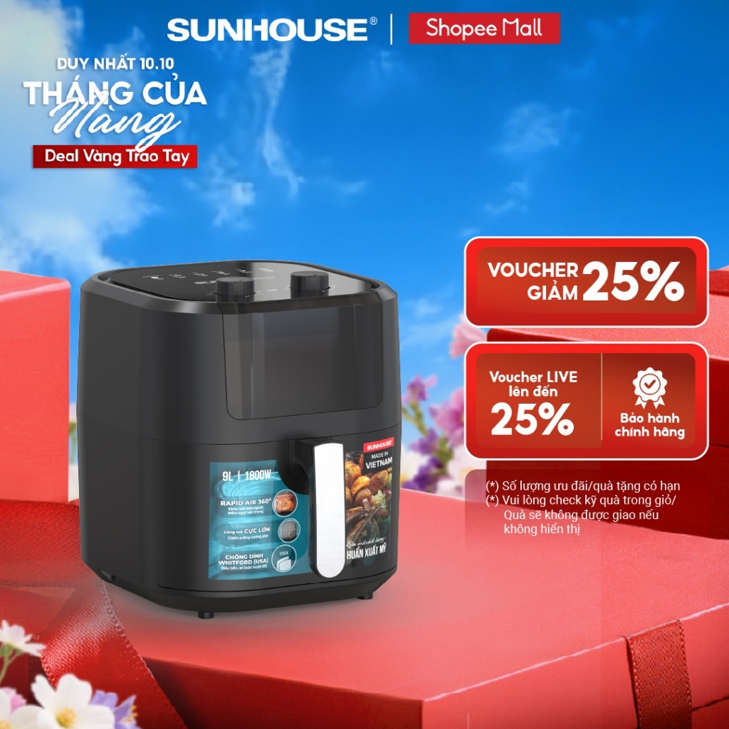 Nồi chiên không dầu 9L Sunhouse SHD4037 - Công nghệ Rapid Air 360 độ - Chống dính Whitford siêu bền