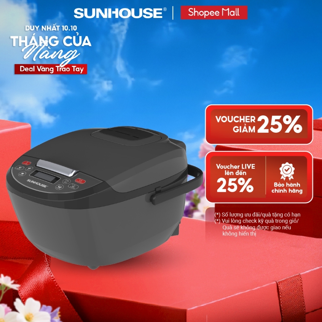 Nồi cơm điện tử 1.8L Sunhouse SHD8909B - 6 chế dộ, giữ ấm  12 tiếng - Mâm nhiệt lớn, cơm dẻo, chín đều