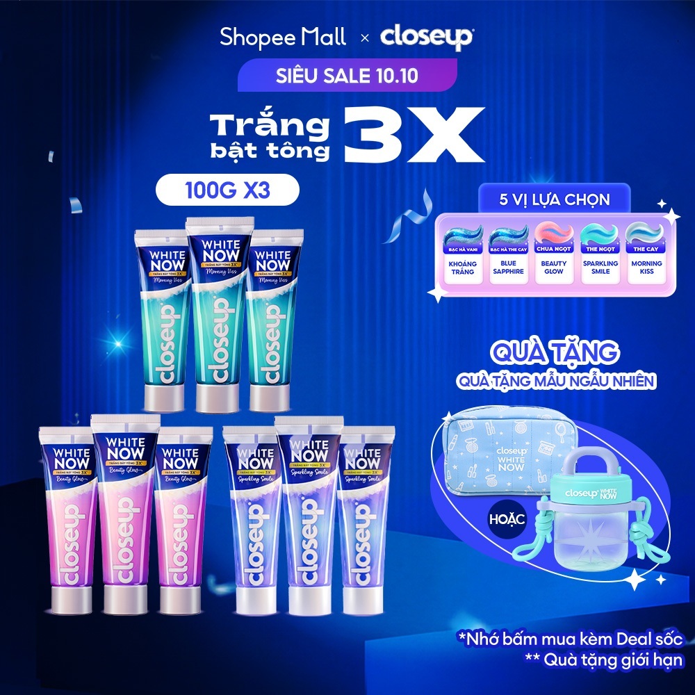 Combo 3 Kem đánh răng Closeup White Now - Trắng Bật Tông 3X TỨC THÌ với Công nghệ Ánh Sáng Xanh 100g