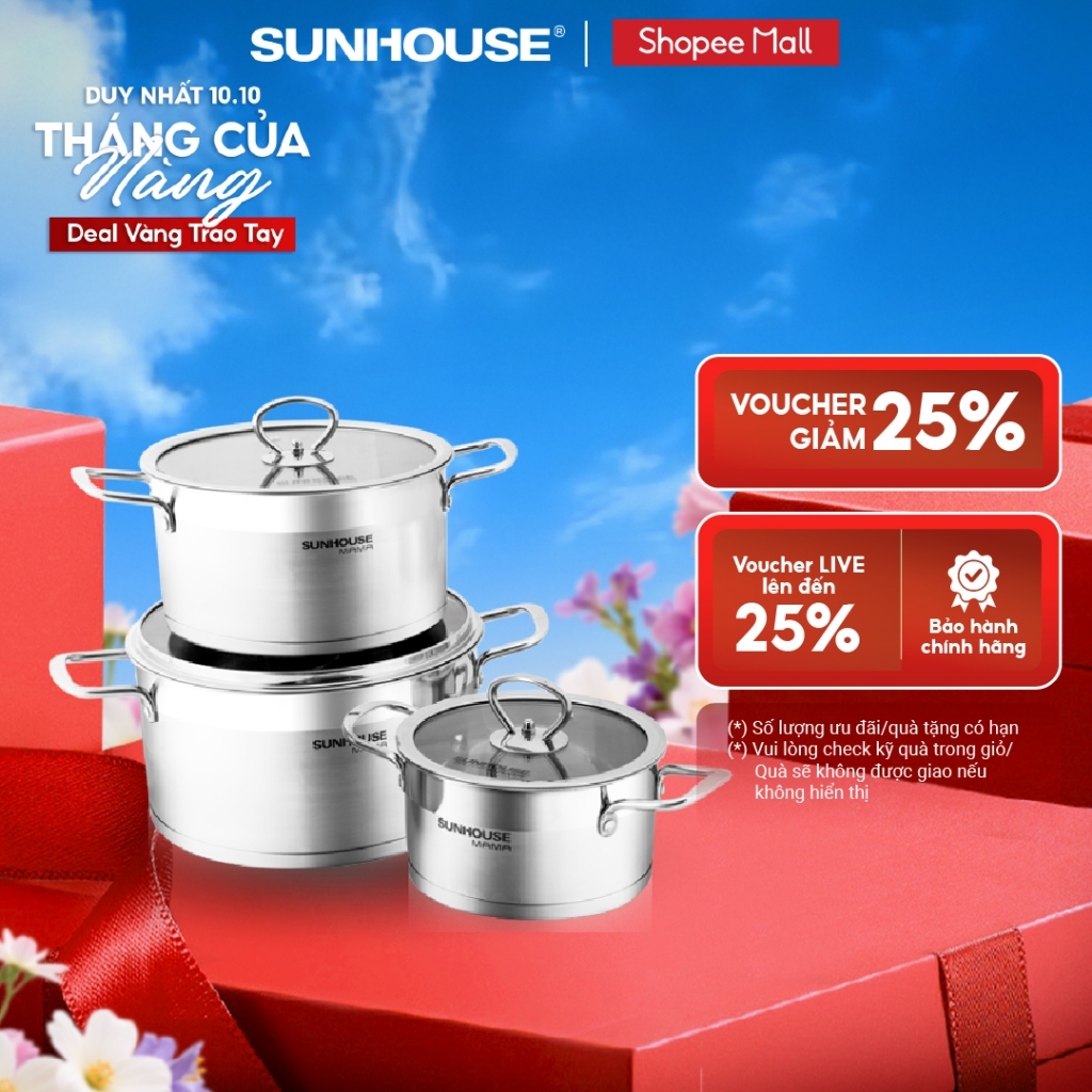Bộ nồi inox 5 đáy Sunhouse Mama SH784: Gồm 3 nồi - Dùng mọi loại bếp - Đáy 5 lớp hạn chế cháy khét - Hàng chính hãng