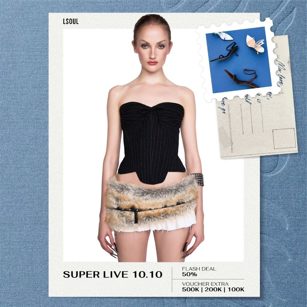 LSOUL Áo Corset Đan Dây Đen Jinx Top + Chân Váy Lông Cạp Trễ Sweeney Skirt - A24122795 CV24120708