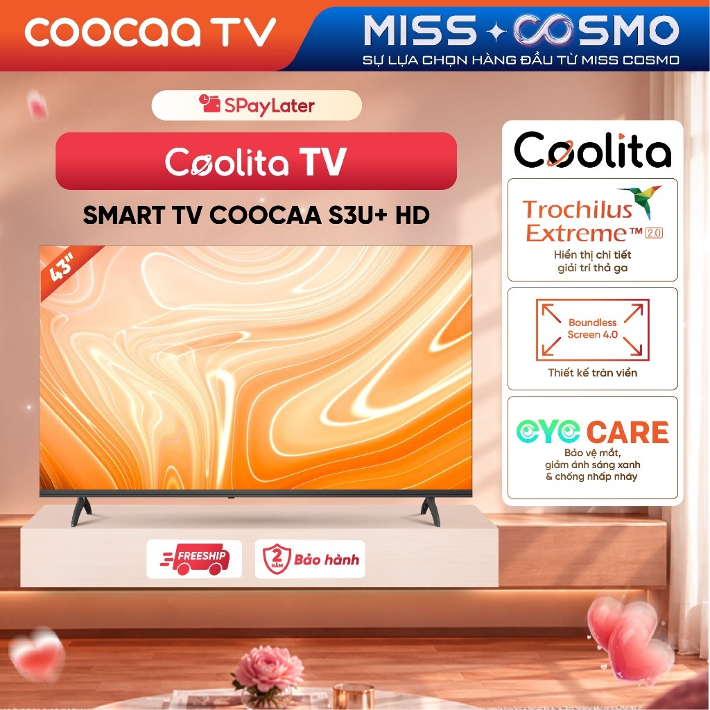 Smart TV COOCAA 43 Inch FHD 43S3U+ | Game Mode | WiFi | 2 HDMI 2 USB | Dolby Audio - Miễn phí lắp đặt HN&HCM