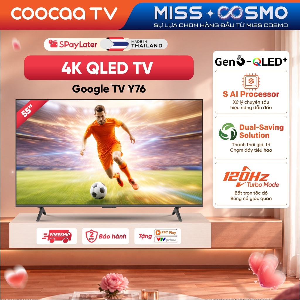 [QLED] Smart Google TV COOCAA 55 inch QLED 55Y76 Điều Khiển Bằng Giọng Nói | HSR 120Hz | HDR10+ -Miễn phí lắp đặt HN&HCM