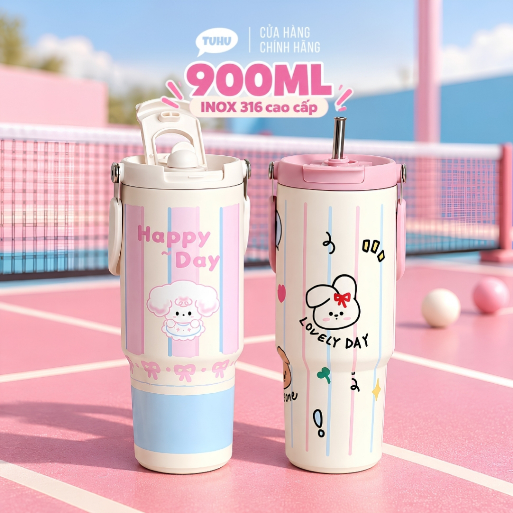 Ly giữ nhiệt Mochi 900ml có quai xách, bình giữ nhiệt inox 316 cao cấp không gỉ sét - TUHUHOUSE