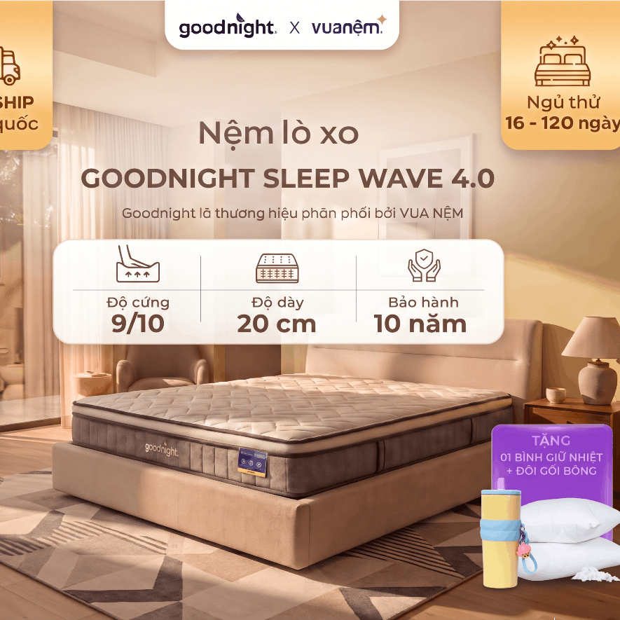 (10.10 Tặng đôi gối + bình) Nệm Lò Xo Vua Nệm Goodnight Sleep wave Hybrid 20cm, Đệm Lò Xo Khách Sạn Cách Ly Chuyển Động