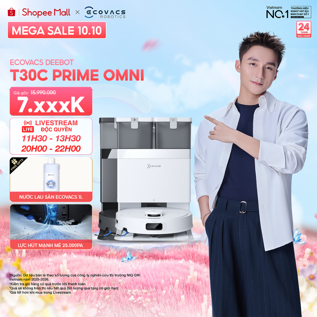 Ecovacs Deebot T30C Prime Omni Robot hút bụi lau nhà | Lực hút tối đa 25.000Pa | Trạm sạc xả tự động | BH 24 tháng