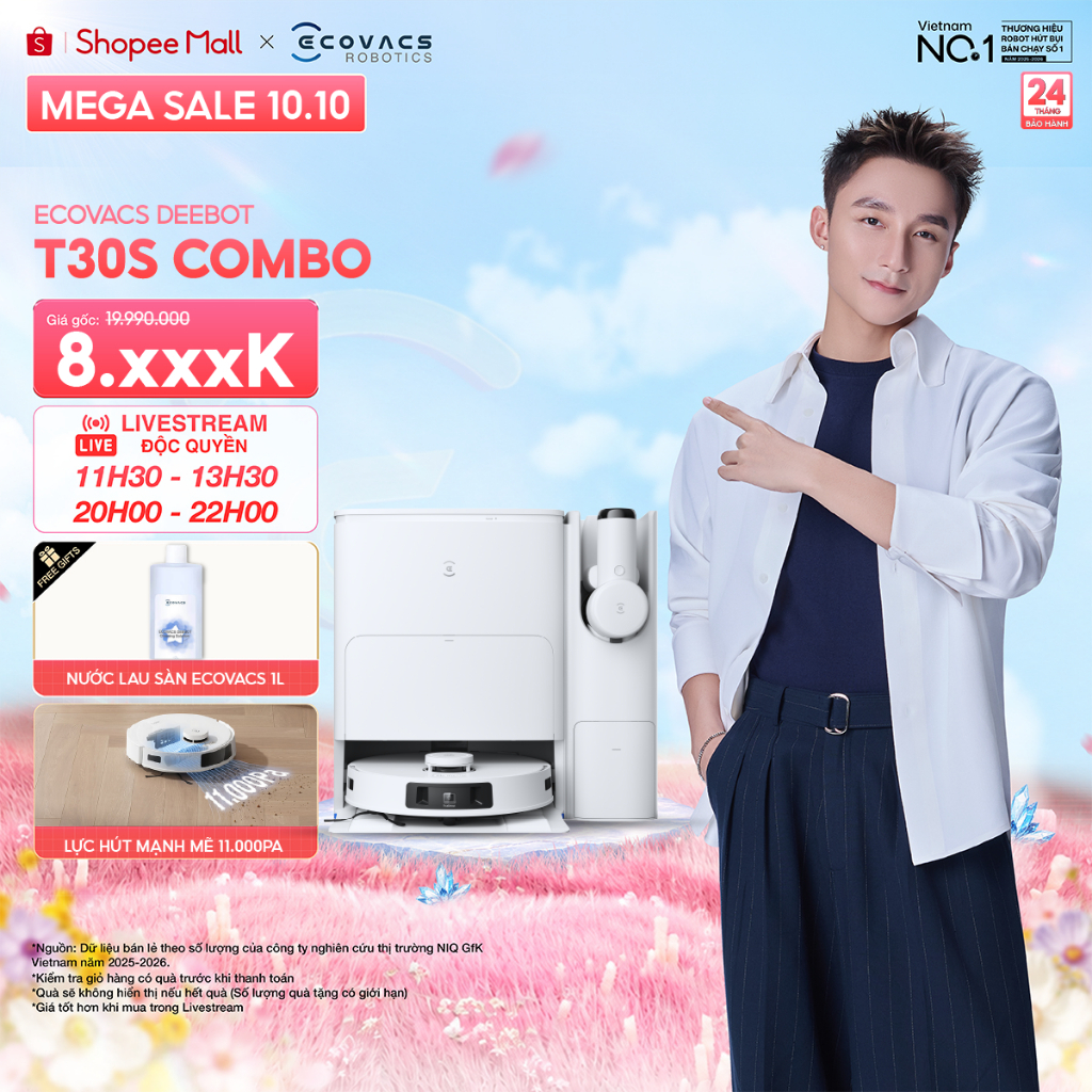 Ecovacs T30s Combo Robot hút bụi kết hợp máy hút bụi cầm tay | Lực hút 11.000Pa | Trạm OMNI toàn năng | BH 24 tháng