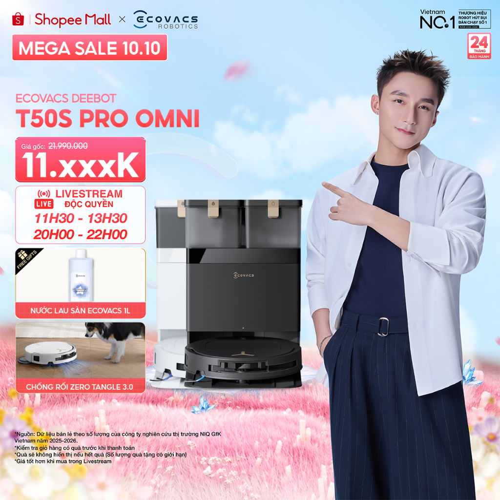 Ecovacs T50s Pro Omni  Robot hút bụi lau nhà | Thiết kế siêu mỏng | Lực hút 25.000Pa | Nâng giẻ 9mm | BH 24 tháng