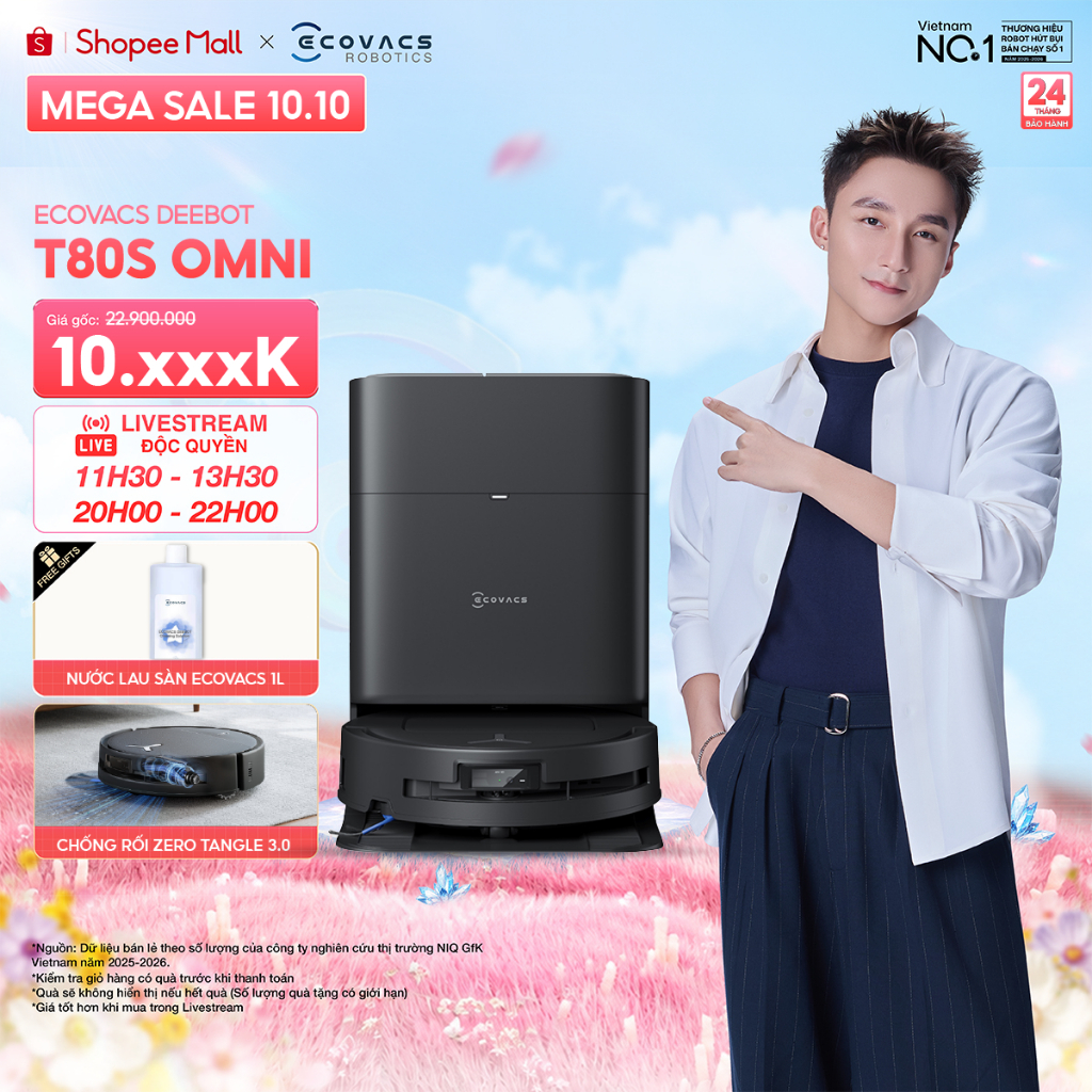 Ecovacs T80s Omni Robot hút bụi lau nhà | Lực hút  24.800Pa | Giặt giẻ lau nước nóng | Nâng con lăn 10mm | BH 24 tháng