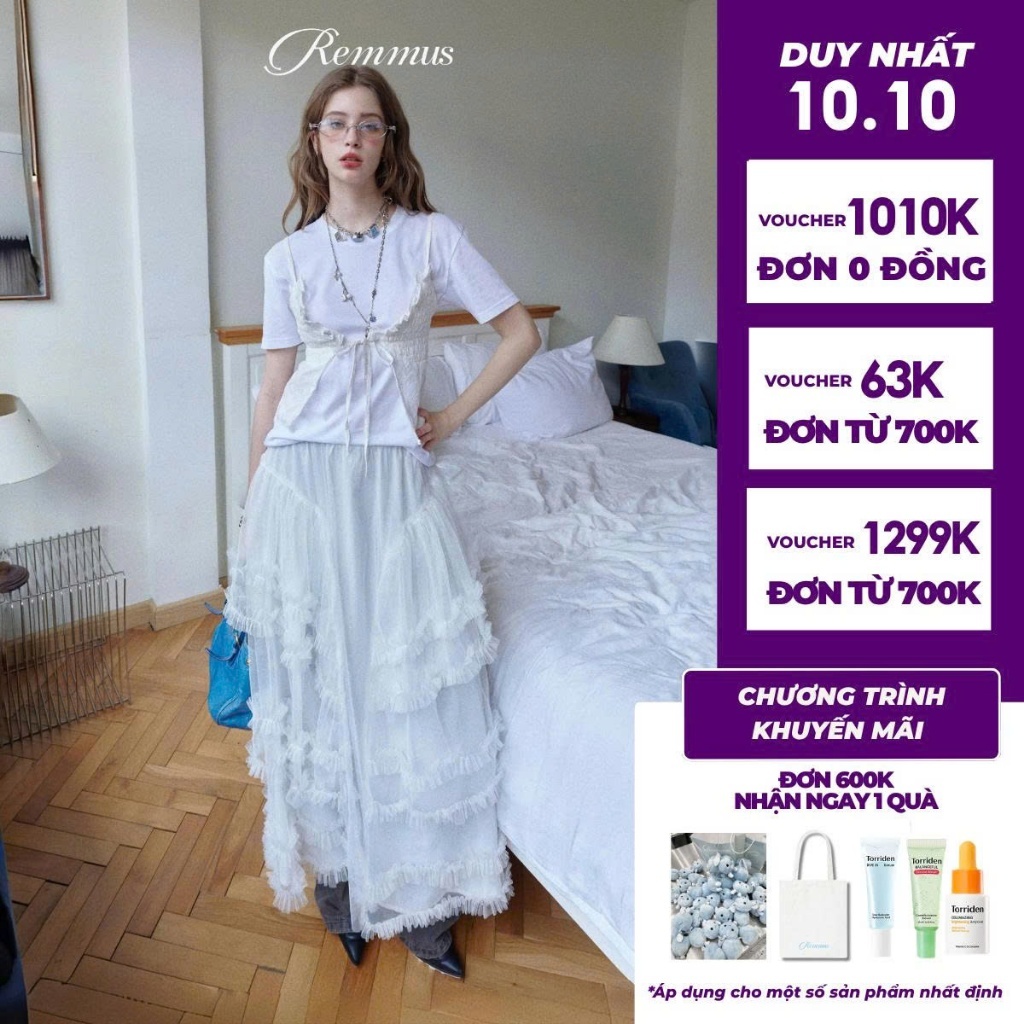 Claire Skirt - Remmus | Chân váy dài xếp tầng ren trắng dáng xoè cho nữ