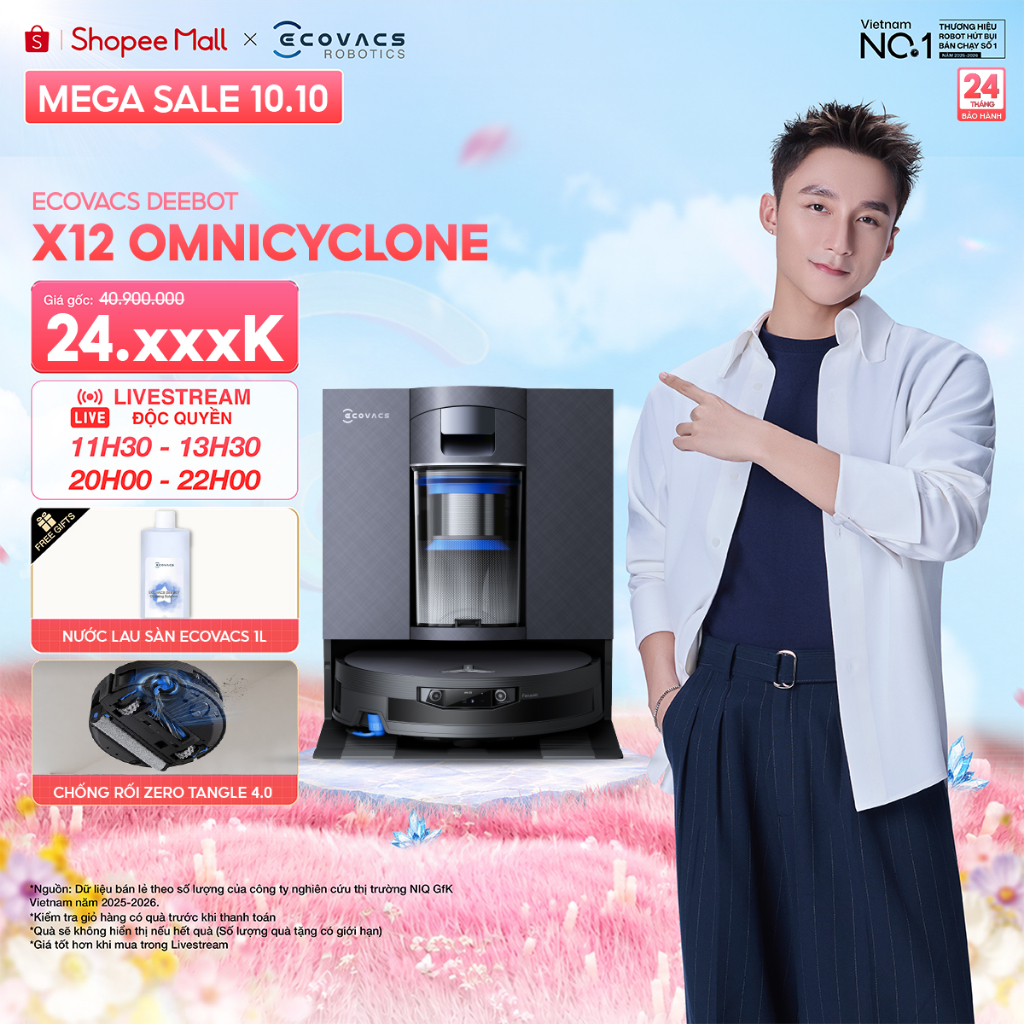 Ecovacs X12 OmniCyclone Robot hút bụi lau nhà | Công nghệ hòa tan vết bẩn | Lực hút 22.000Pa vượt trội | BH 24 tháng