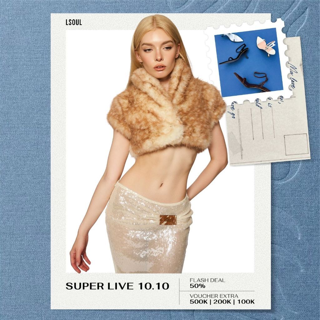 LSOUL Áo Choàng Lông Cổ Cao Phối Chân Váy Midi Lưới Kim Sa Eo Da Hudson Set A25102848 CV25100730