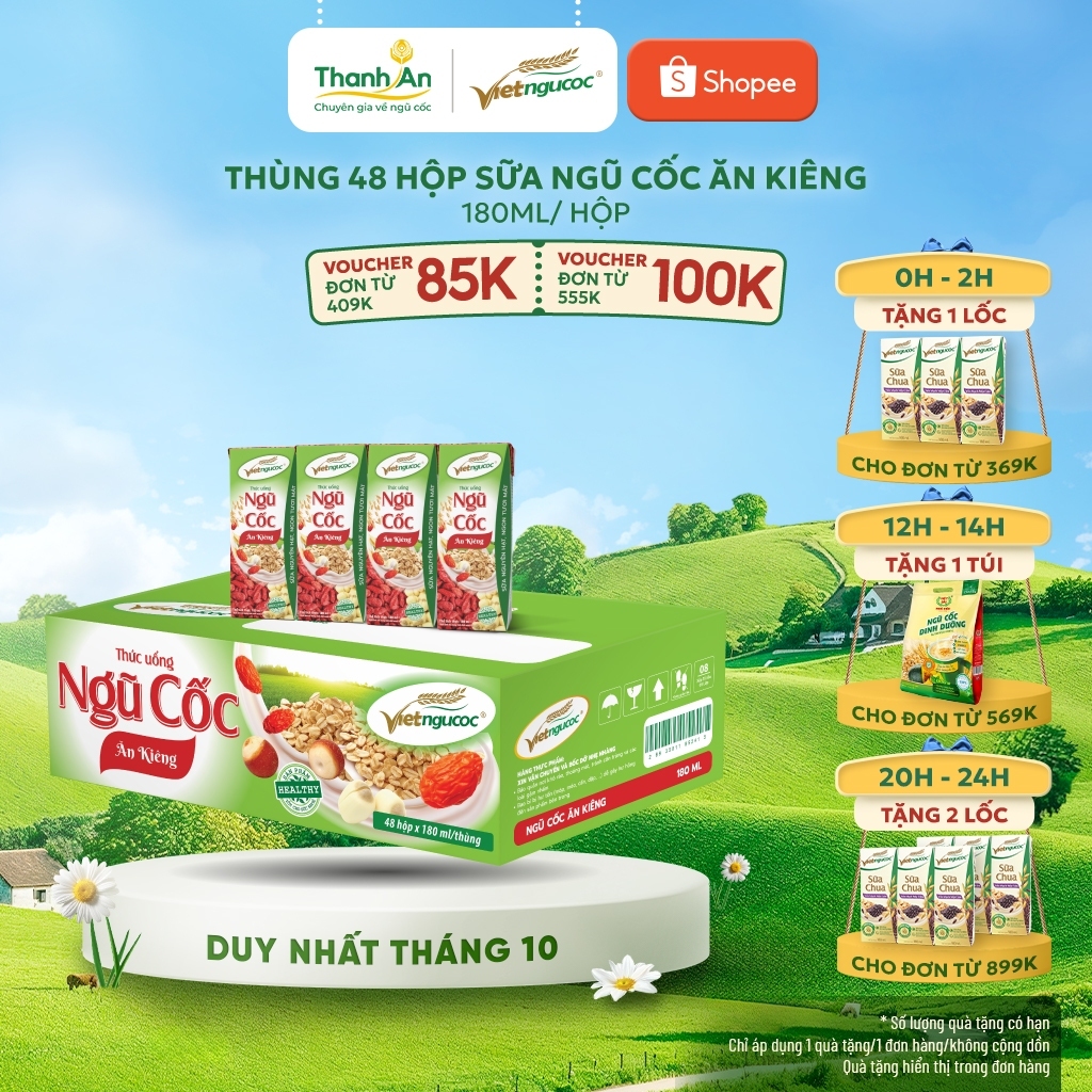 Thùng 48 Hộp Sữa Ngũ Cốc Ăn Kiêng VIỆT NGŨ CỐC Uống Liền Thích Hợp Cho Người Ăn Kiêng Giảm Cân 180ml/Hộp