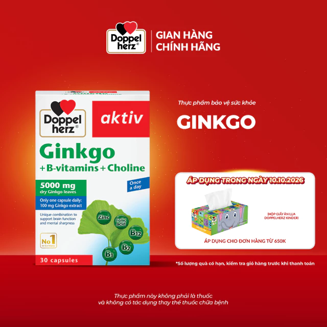 Viên uống bổ não Doppelherz Ginkgo hỗ trợ tăng cường tuần hoàn não và cải thiện trí nhớ (Hộp 30 viên)