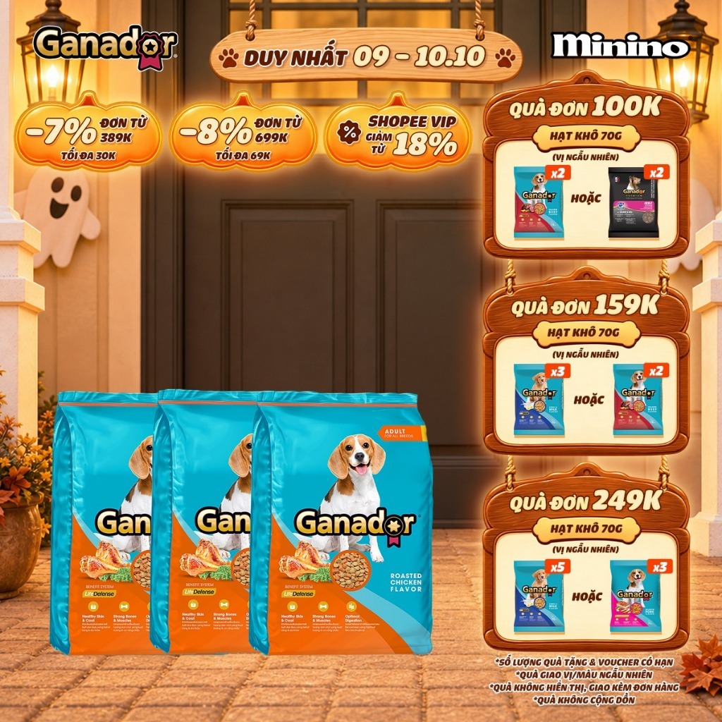 [CHỌN VỊ] Combo 3 x Thức ăn hạt Ganador cho chó trưởng thành vị Gà nướng/ Bò nướng/ Heo quay 3kg