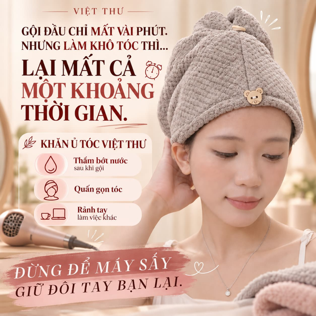 Khăn Ủ Tóc Microfiber VIỆT THƯ Mềm Mịn, Thấm Hút Tốt, Nhanh Khô Tóc, 90g–160g, 2 Cúc Gấu