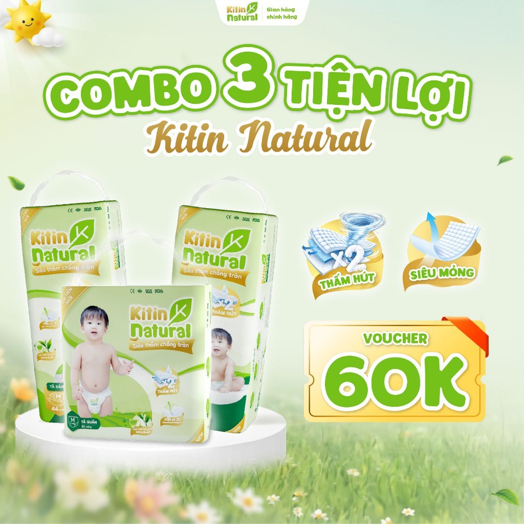 [Không quà] Combo 3 Bịch Tã/Bỉm KITIN NATURAL Mỏng Thoáng Chỉ 1.8mm, Chống Hăm Cho Bé, Thấm Hút 1100ml, Size Từ NB-4XL