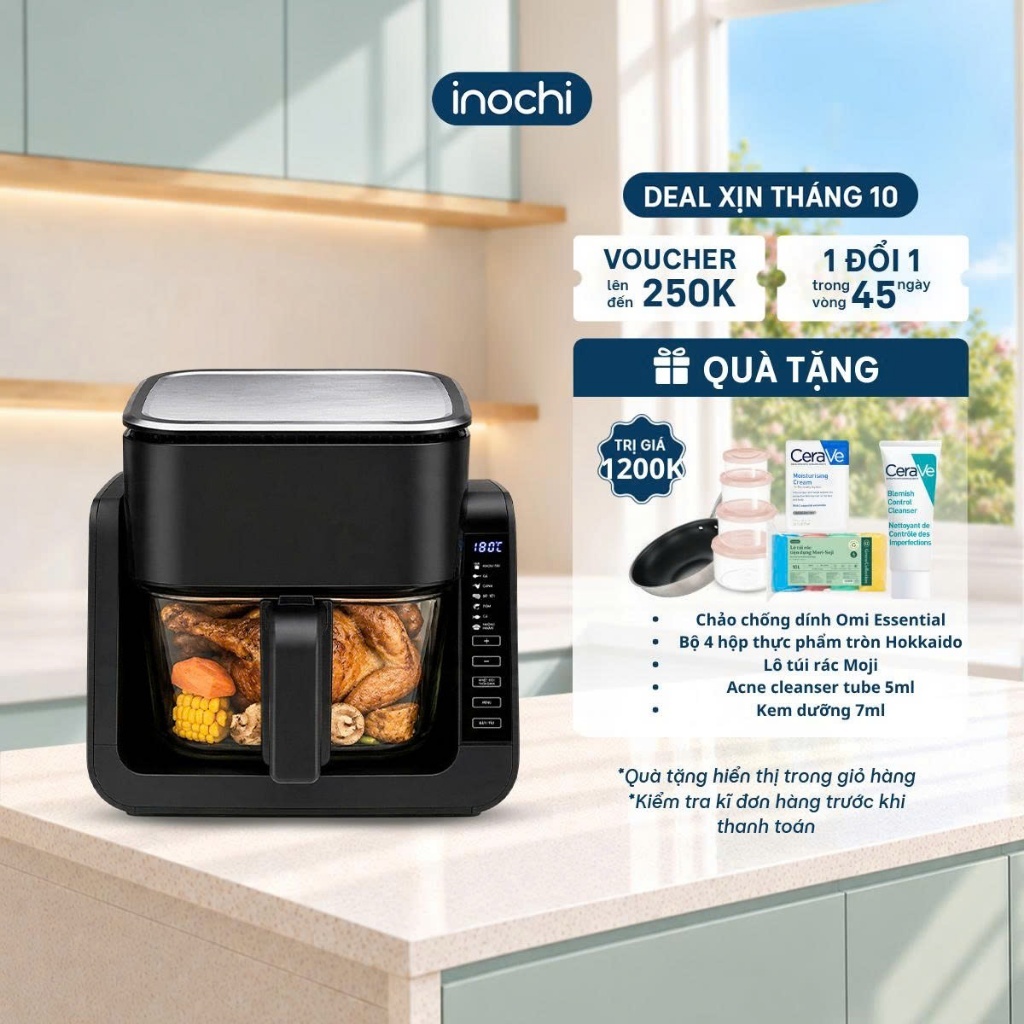 Nồi Chiên Không Dầu 6in1 Inochi Akiba - Nồi chiên đa năng nướng lật đảo chiều, lồng kính trong suốt