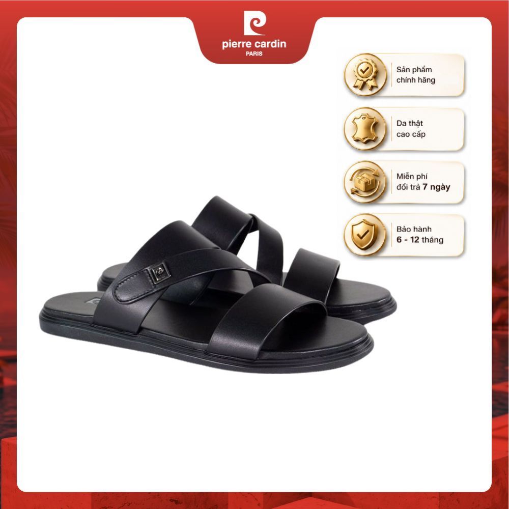 Dép nam Pierre Cardin Pháp da thật cao cấp, thiết kế quai chéo, đế cao su - mã 161