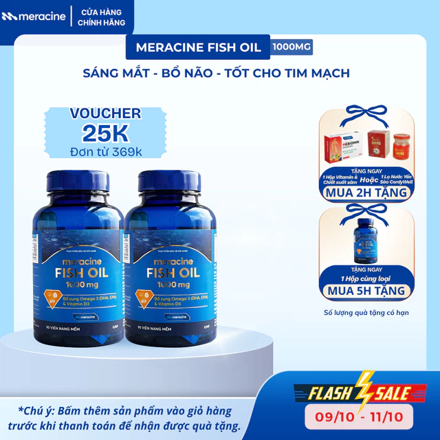 Viên Uống Dầu Cá Omega 3 - Meracine Fish Oil tăng cường thị lực, tốt cho não bộ cho người lớn và trẻ nhỏ lọ 90 viên