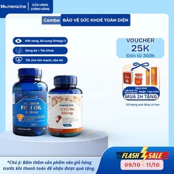 Combo Viên uống Meracine L-Cystine (Lọ 60v) sáng da, giảm rụng tóc và Viên Uống Dầu Cá Meracine Fish Oil (Hộp 90V)