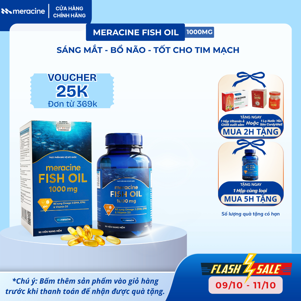 Viên dầu cá Omega 3 - Meracine Fish Oil hỗ trợ sáng mắt, bổ não, tốt cho tim mạch (hộp 90 viên)