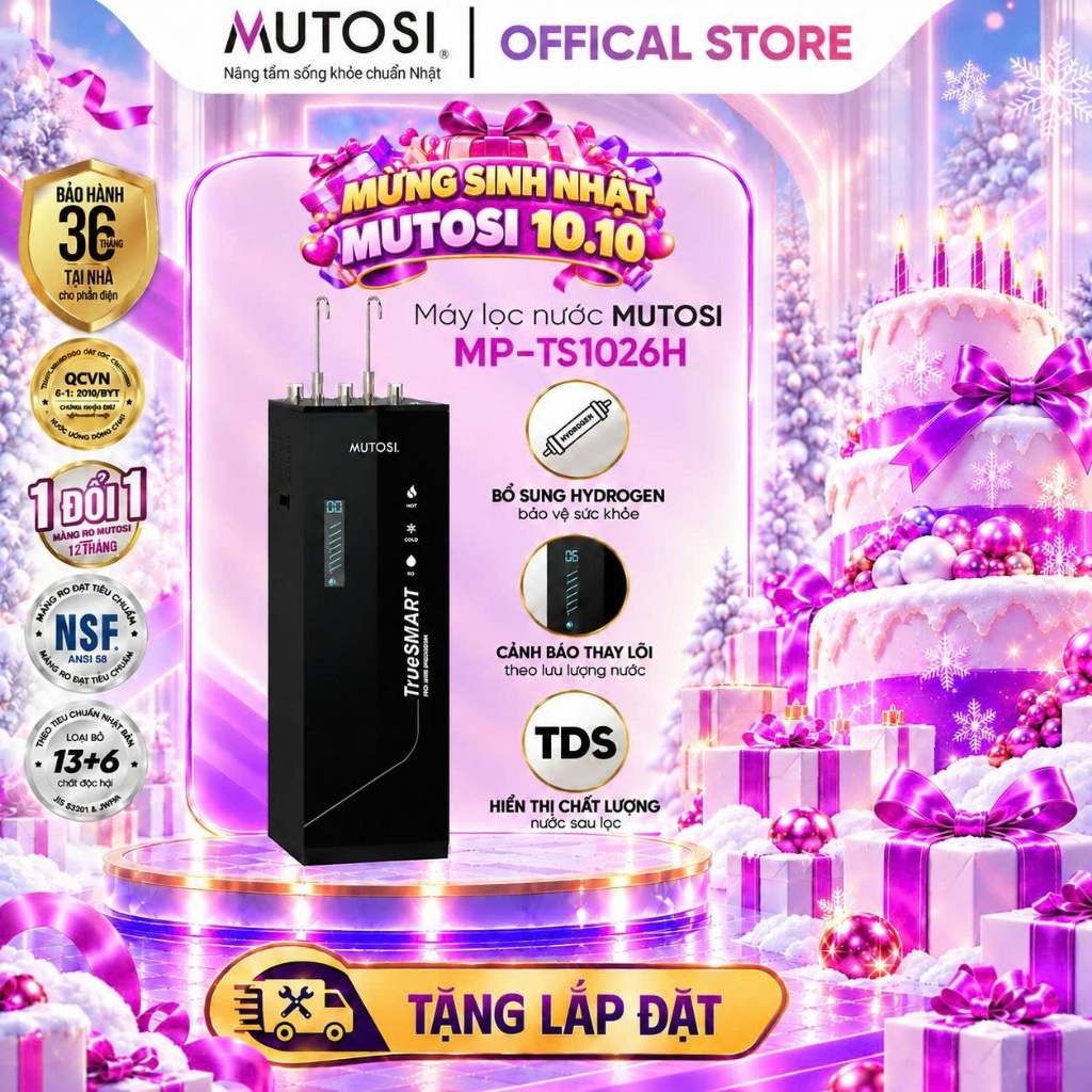 Máy Lọc Nước Nóng - Lạnh - RO Khoáng - Ion Kiềm Hydrogen Cảnh Báo Thay Lõi Lọc MUTOSI TrueSMART MP-TS1026H