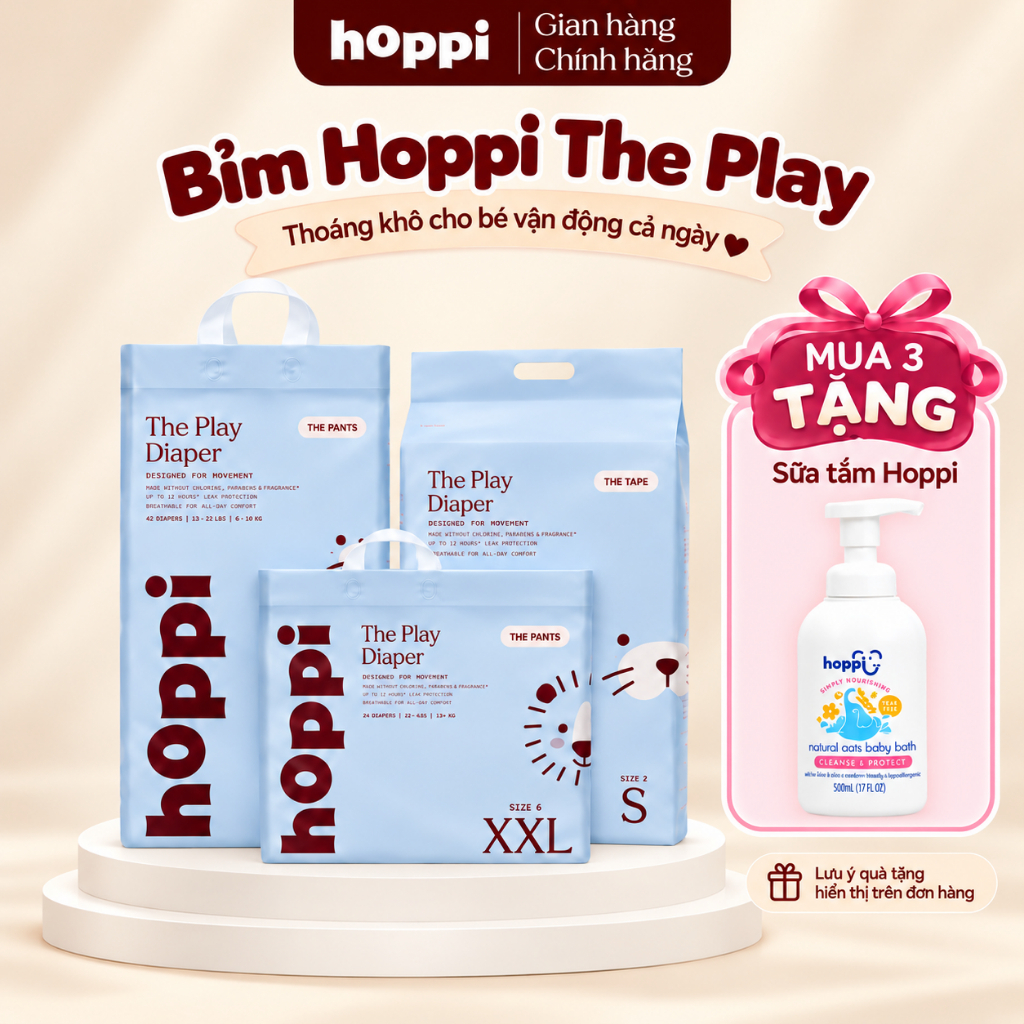 [Chính Hãng][Mua 3 Tặng Quà][Bỉm Chuẩn Mỹ] x1Tã/Bỉm Dán/Quần Hoppi ThePlay Siêu Co Giãn, Khô Thoáng Đủ Size[M3]