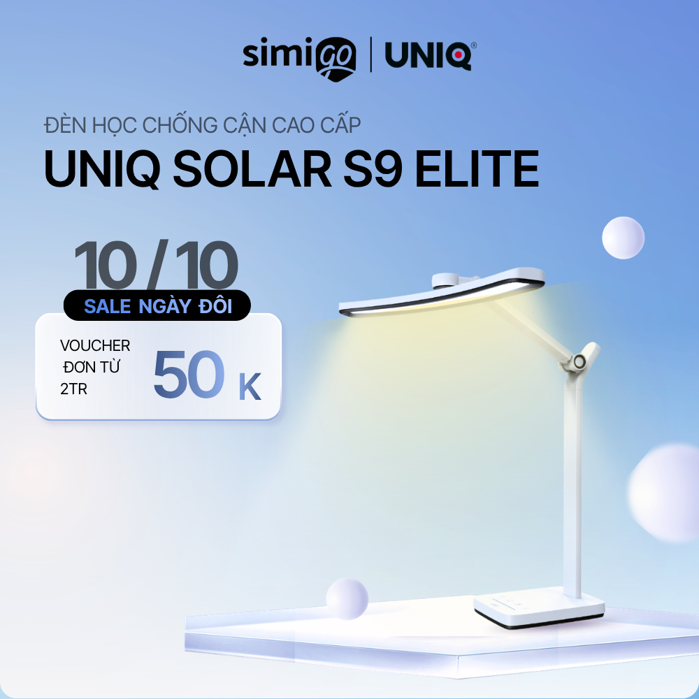 Đèn học để bàn chống cận thị cao cấp UNIQ Solar S9 Elite đèn led bàn làm việc đọc sách cho bé tích hợp đồng hồ podomoro