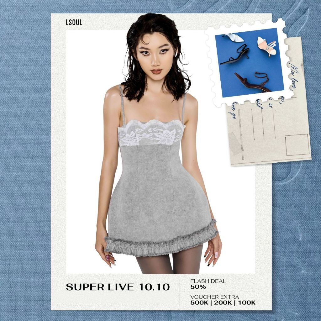 LSOUL Đầm 2 Dây Jean Xám Tiểu Thư Phối Ren Nelly Dress V24031600