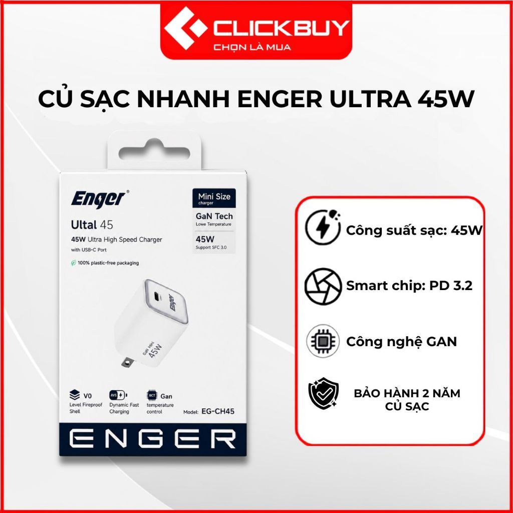 Củ Sạc Nhanh ENGER Ultra 45W PPS/AVS/PD 3.2 GaN Model EG-CH45 Chính Hãng