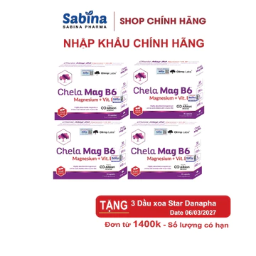 4 hộp Chela Mag B6 - Magie Bisglycinate Chelate Albion (Olimp Labs) – Thực phẩm bảo vệ sức khỏe bổ sung Magie Hộp 30v
