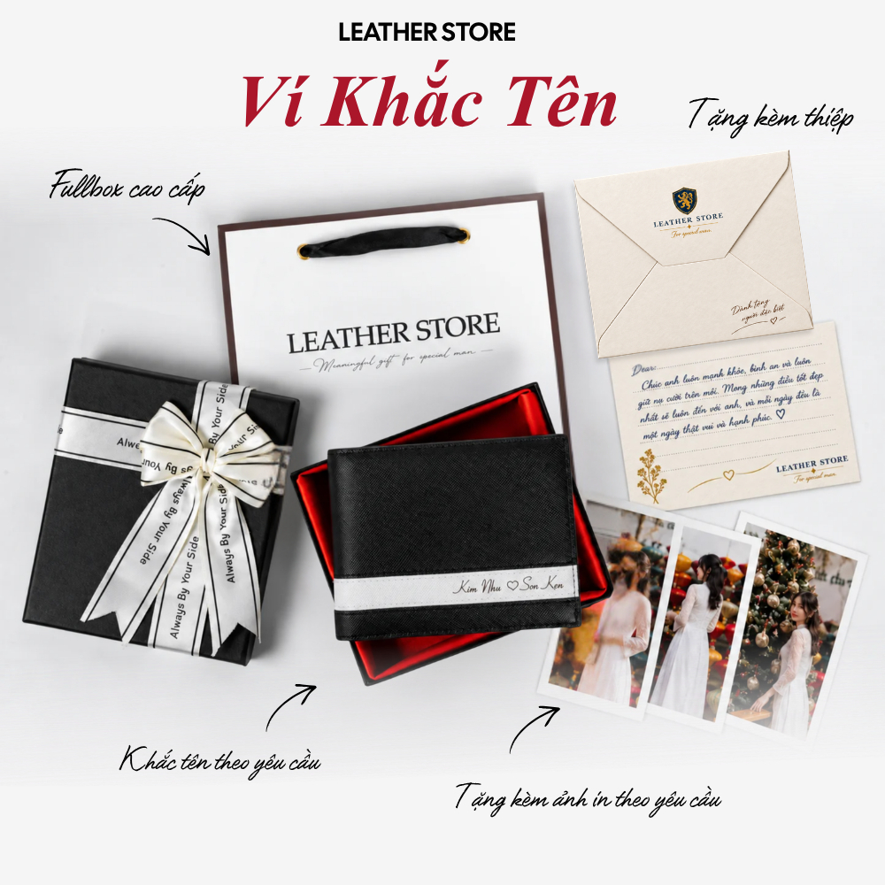 [ FullBox Đã Gói Quà ] Ví Nam Bóp Nam Khắc Tên YC Da Bò thật Saffiano Tặng Hộp Nơ Túi Thiệp Ý Nghĩa