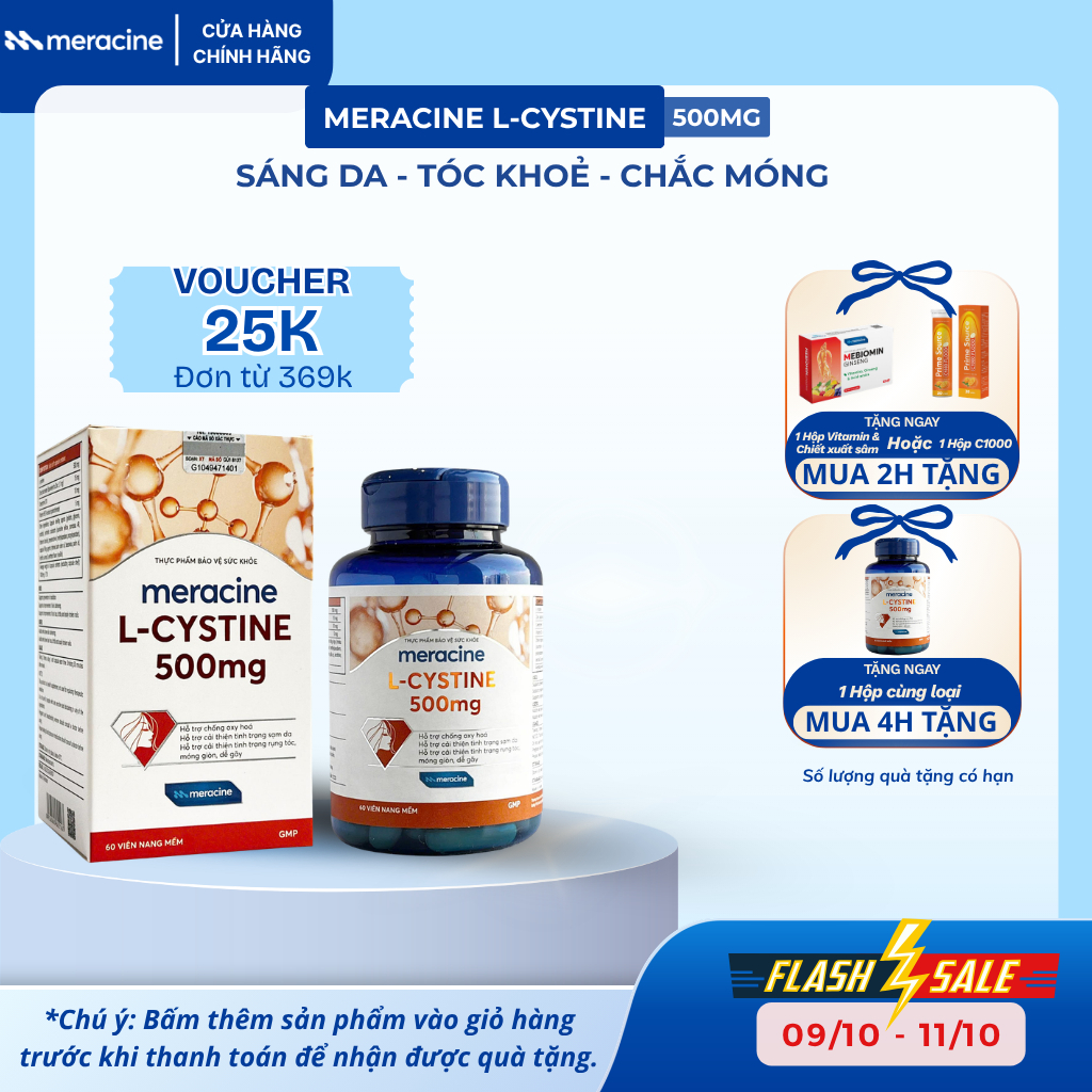 Viên Uống Meracine L-Cystine 500mg Giúp Sáng Da, hỗ trợ giảm nám, giảm mụn, rụng tóc, giảm gãy móng (Lọ 60V)))