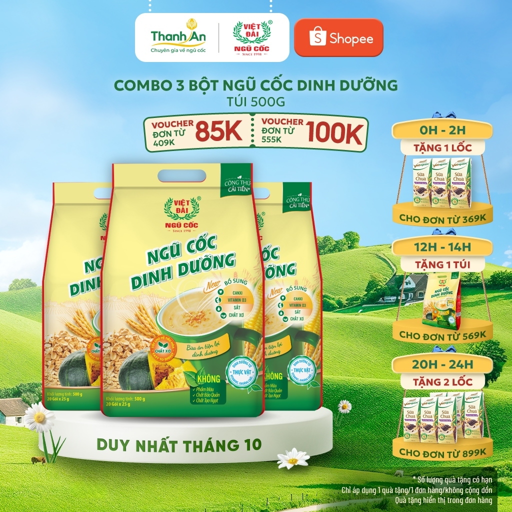Combo 3 Bột Ngũ Cốc Dinh Dưỡng VIỆT ĐÀI Bổ Sung Các Chất Dinh Dưỡng Tốt Cho Hệ Tiêu Hóa Túi 500g