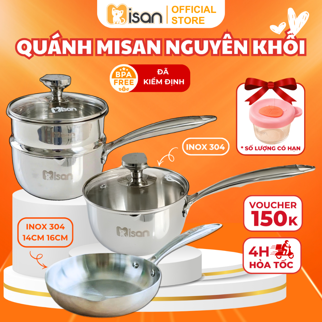 Bộ Nồi Quánh Chảo Nguyên Khối Misan Kèm Hấp Inox 304 Nấu Bột Nấu Cháo Cho Bé Ăn Dặm Tiện Lợi