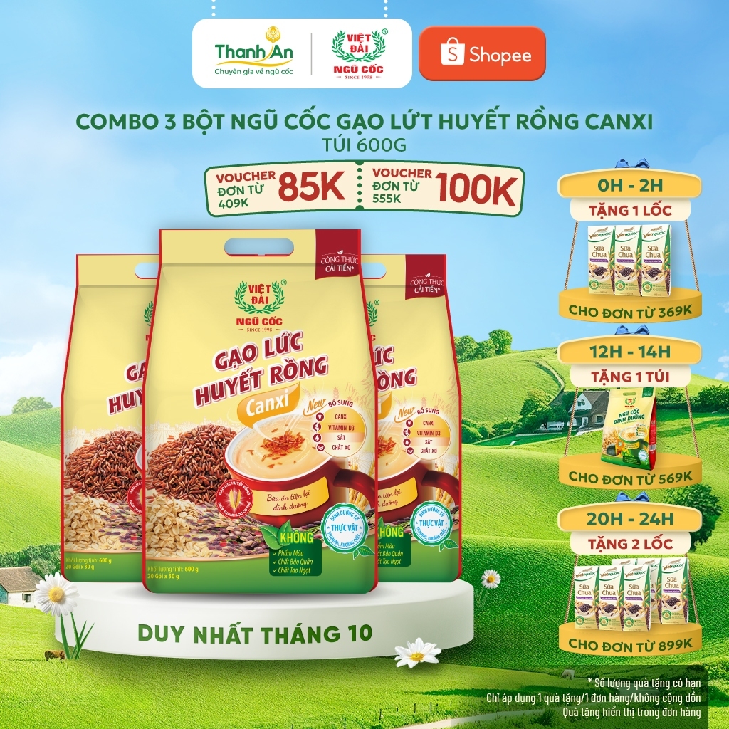 Combo 3 Bột Ngũ Cốc Gạo Lứt Huyết Rồng Canxi VIỆT ĐÀI Thơm Ngon Giúp Thanh Lọc Cơ Thể Túi 600g