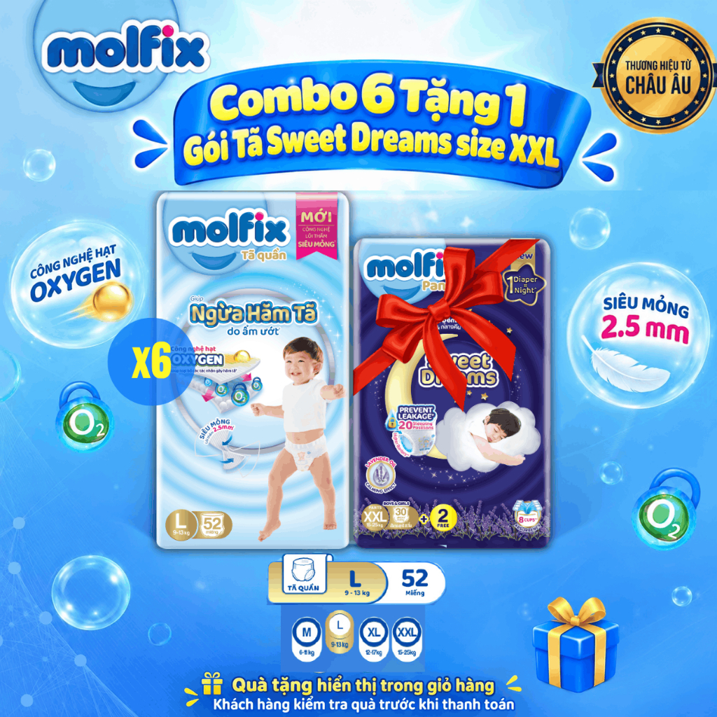 [Tặng Tã Sweet Dreams XXL] Combo 6 Tã/bỉm quần Oxy Super Jumbo Molfix (CÓ MIX SIZE) giúp Ngừa Hăm Tã đủ các size