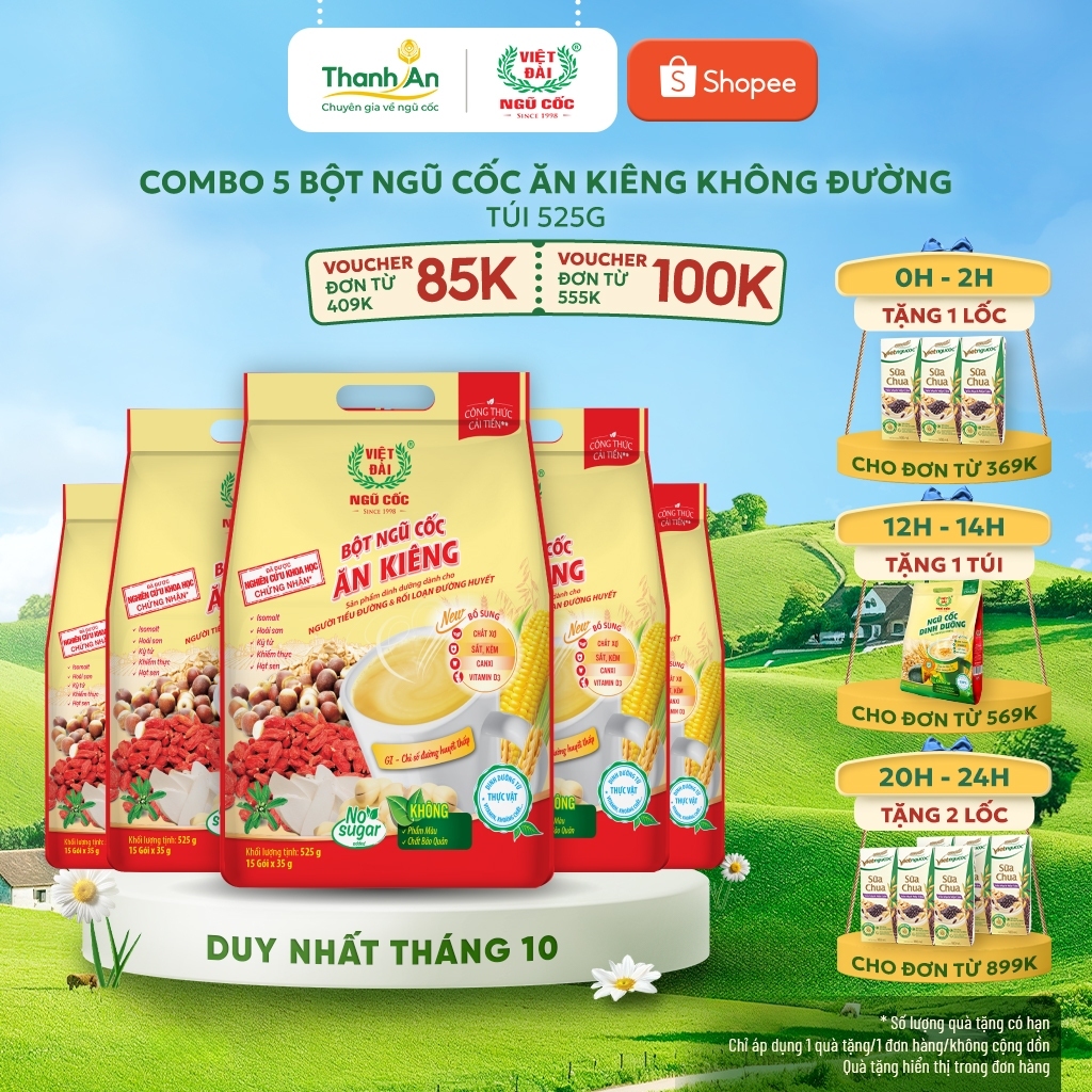 Combo 5 Bột Ngũ Cốc Ăn Kiêng VIỆT ĐÀI Không Đường Cung Cấp Đầy Đủ Dinh Dưỡng Cho Người Giảm Cân Túi 525g