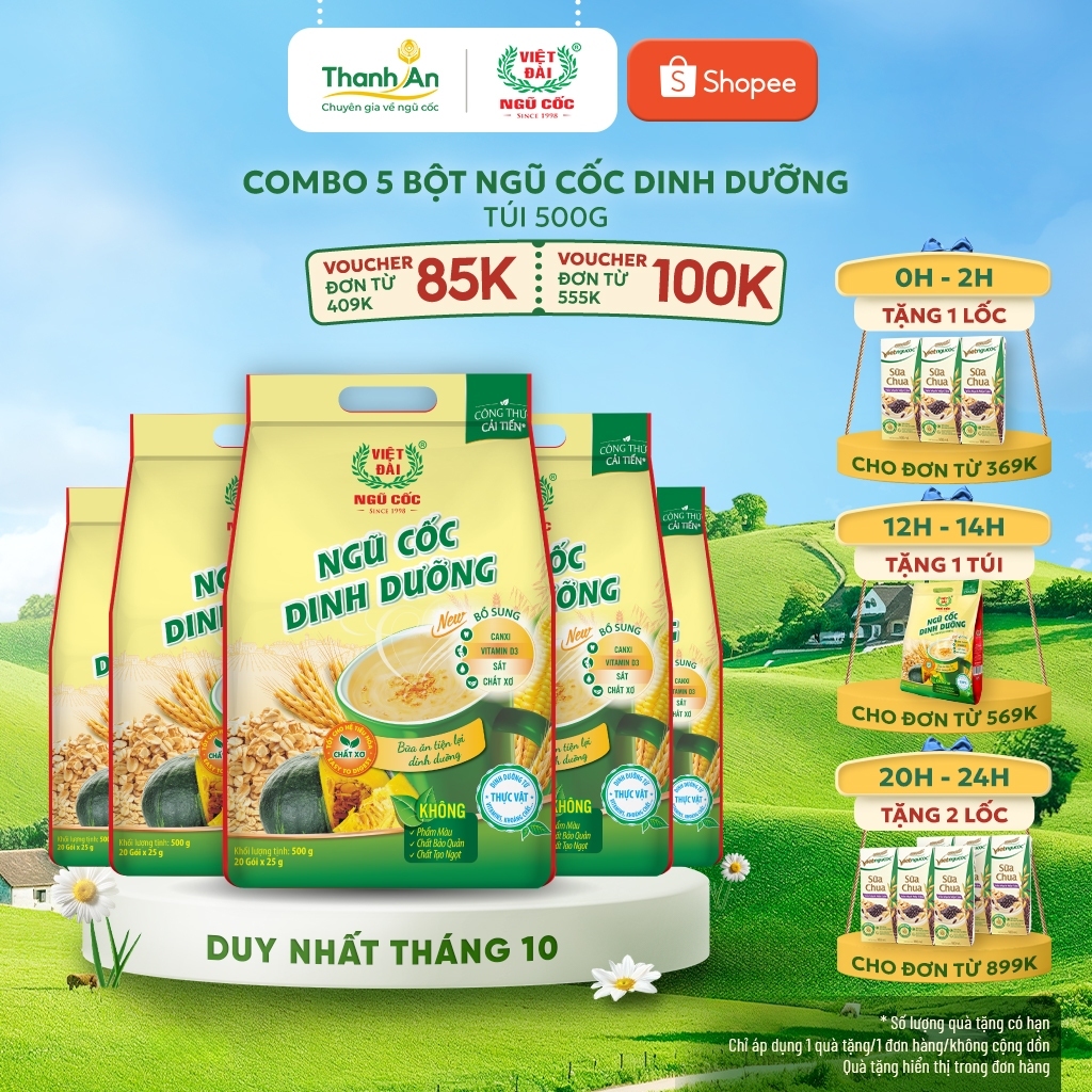 Combo 5 Bột Ngũ Cốc Dinh Dưỡng VIỆT ĐÀI Bổ Sung Các Chất Dinh Dưỡng Tốt Cho Hệ Tiêu Hóa Túi 500g