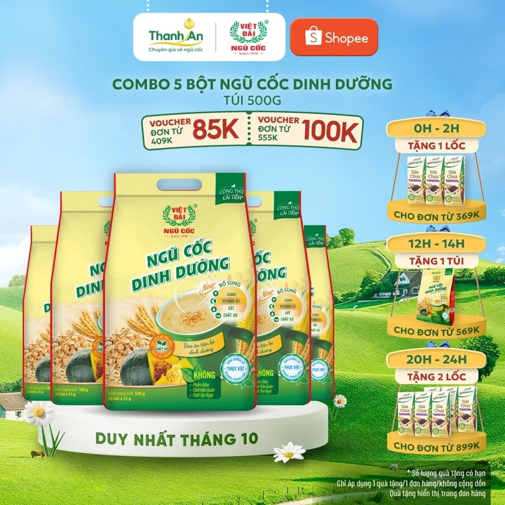 Combo 5 Bột Ngũ Cốc Dinh Dưỡng VIỆT ĐÀI Bổ Sung Các Chất Dinh Dưỡng Tốt Cho Hệ Tiêu Hóa Túi 500g
