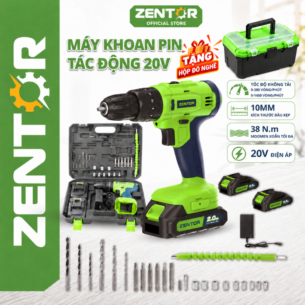 [Hỏa Tốc]Máy Khoan Pin 20v ZENTOR Chính Hãng-Máy Khoan Tác Động 3 Chức Năng Khoan-Bắt Vít-Búa