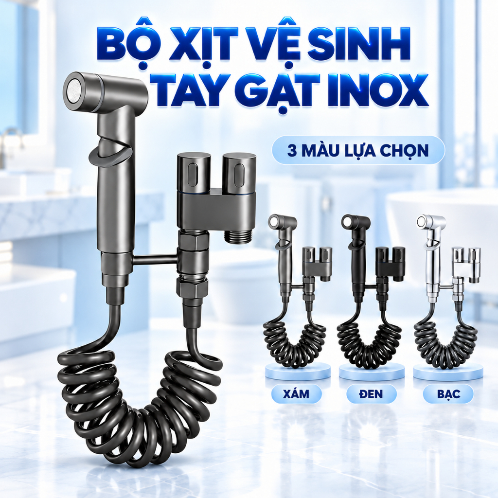 Bộ xịt vệ sinh tay gạt Inox, bộ vòi xịt vệ sinh gồm đầu xịt, cài, ruột gà, van chia - PK214