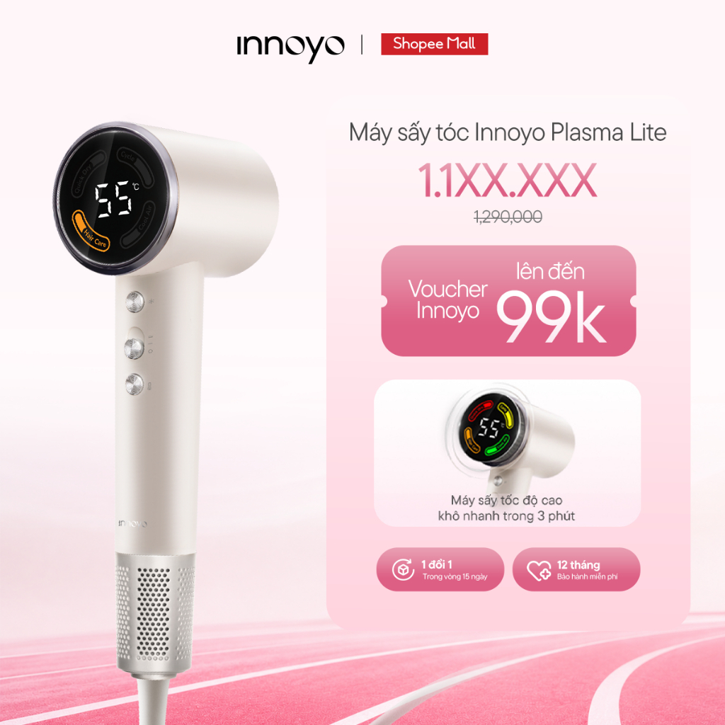 Máy sấy tóc Innoyo Plasma Lite - 200 triệu ion kép, màn hình kỹ thuật số - Bảo hành 12 tháng - Tặng đầu sấy