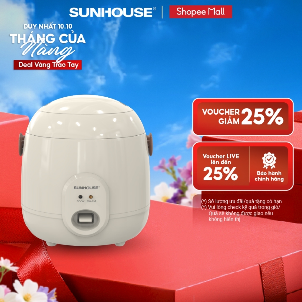 Nồi cơm điện 0.4L Sunhouse SHD8206W - Náu cơm, hâm nóng 2in1 - Phù hợp cho 1-2 người - Chống dính an toàn