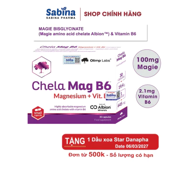 Chela Mag B6 – Magie Bisglycinate Chelate Albion - Thực phẩm bảo vệ sức khỏe bổ sung Magie và Vitamin B6-Olimp Labs 19,4