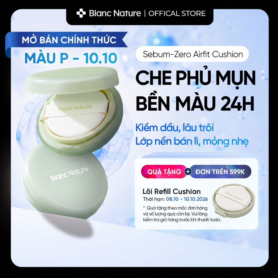 Phấn nước kiềm dầu lâu trôi che khuyết điểm 24h cho da dầu mụn - Blanc Nature Sebum Zero Airfit Cushion 15g